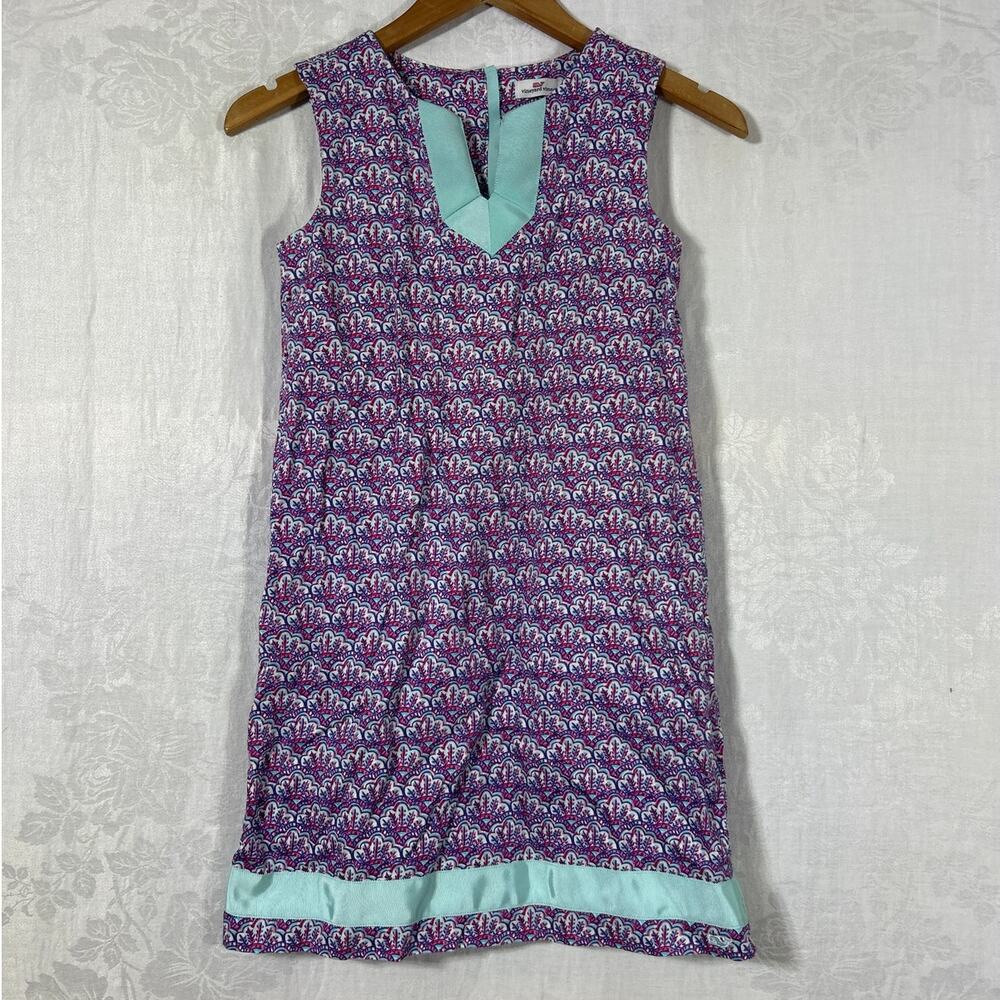 Vineyard Vines Shift Dress Girls 12 Pink Aqua Shells Ribbon Trim scallop